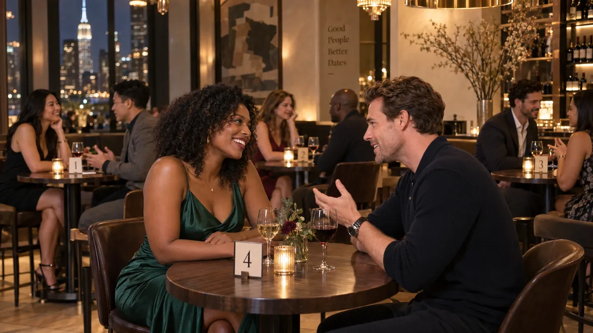 Speed dating couple talking at a candlelit table in NYC