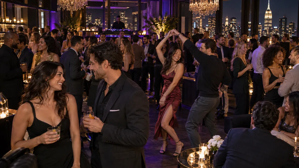 Singles dancing at a NY Minute Dating party with a DJ and skyline view