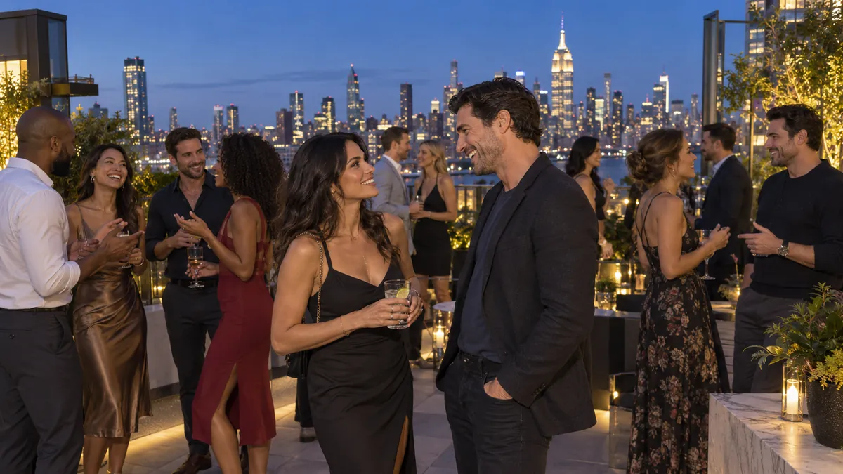 Singles mingling at a rooftop mixer with the Manhattan skyline